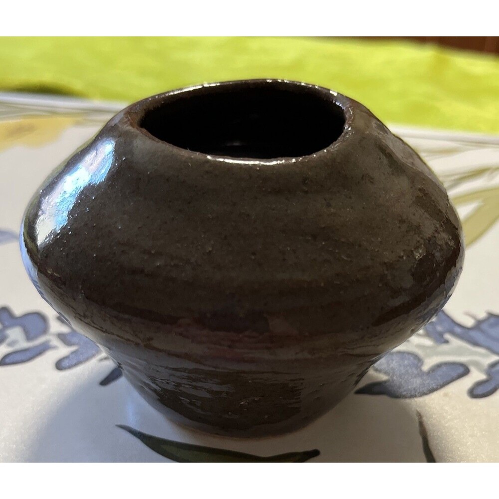 Brown Pottery Vase 3” Tall 5” Wide Handmade Rustic Glazed - Crafted by AV